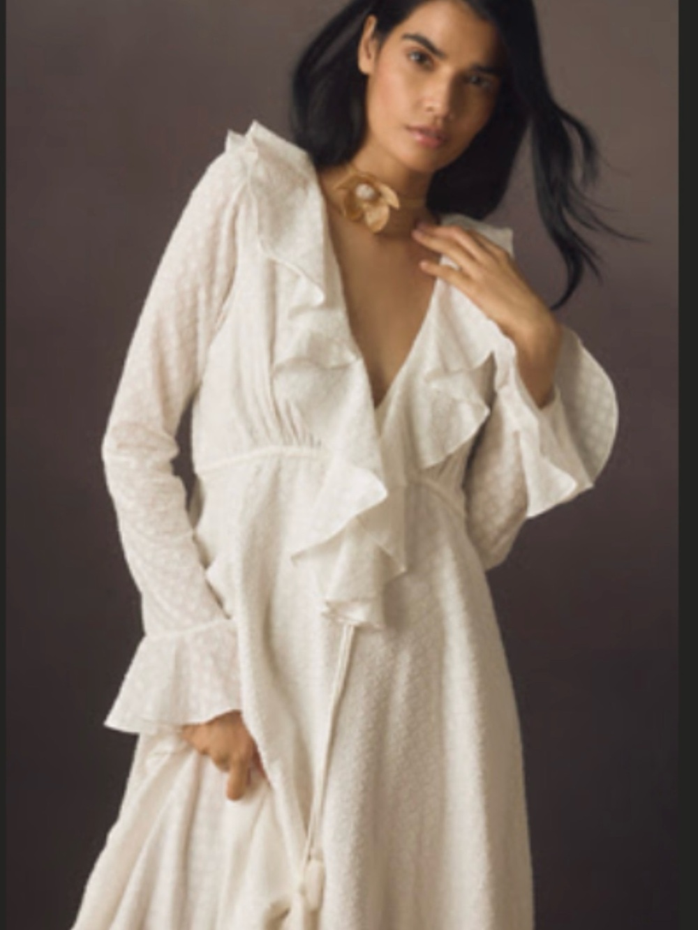 Women's Ivory Ruffled Long Sleeve Dress